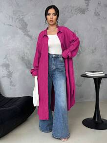 SHEIN LUNE Áo sơ mi vải dài họa tiết thường ngày đi làm - Màu Hồng Tươi - Xem 3