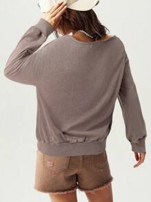 Bohemela Solid Color Knitted Oblique Shoulder Loose Distressed Long Sleeve Sweatshirt For Women - Brown - View 2