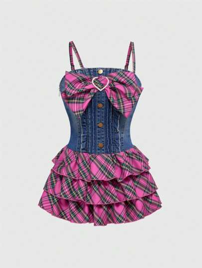 Kawaii Vestido de mezclilla con volantes en capas, lazo y estampado a cuadros estilo Gyaru Harajuku Y2K para mujer