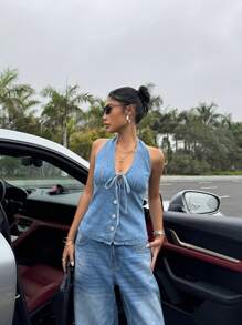 SHEIN EZwear Top halter de mezclilla para mujer, de moda para el verano - Azul - Ver 5