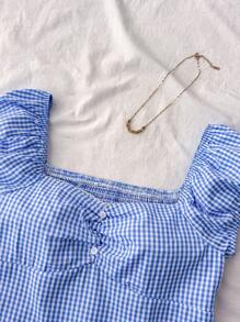 SHEIN Blusa azul y blanca con volantes y línea A a cuadros en estilo retro, casual tipo universitario