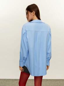 INAWLY Camisa de mujer de color liso de manga larga, de moda para el verano - Azul - Ver 3