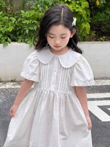 SHEIN Young Girls' Casual Beige Color Large Lapel Dress - White - View 2