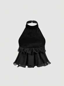 SHEIN MOD Black Multi-Layered Ruffle Crop Top, Cute Tops, Elegant Shape, Backless Top, New Years Top, Party Tops Women, Women's Casual Front Button Wide Strap Minimalist Top For Everyday Wear, Vintage , Women Clothes, Look Valentine's Day - Black - View 2