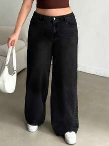 EURMUSE 100%Cotton Women's Plus Size Black Straight Leg Jeans - Dark Grey - View 1