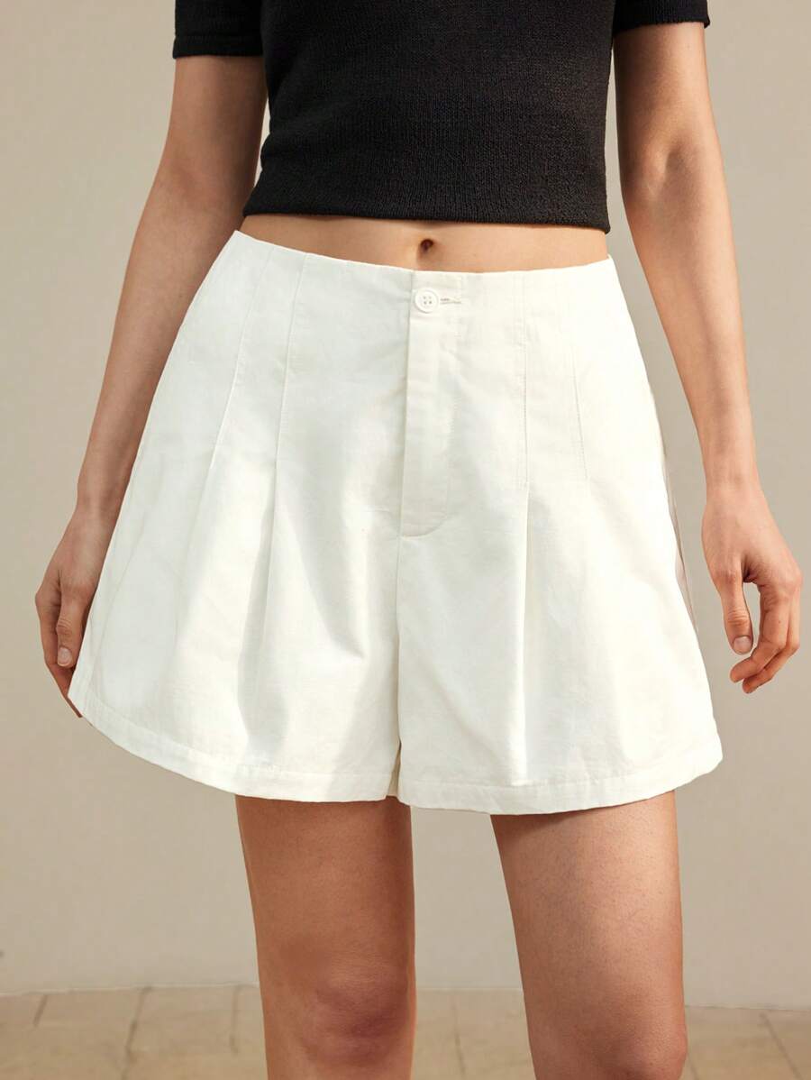 Ontre 2025 New Design White High Waist Shorts,Summer Casual Classy Brunch Style Women Shorts With Real Pockets,Minimalist Vacation Wear For Music Festival - White - View 1