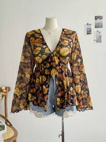 Soleia 大码女式复古花卉印花 V 领长袖裹身衬衫，针织网眼上衣，适合秋冬季外套 - 彩色 - 查看 6