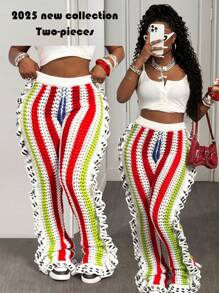 Slaydiva 2025夏季新款音乐节复活节毕业季学生日常休闲百搭百搭休闲邮轮旅行海滩阳光时尚钩针镂空网眼撞色荷叶边女毛衣裤套装 - 彩色 - 查看 10