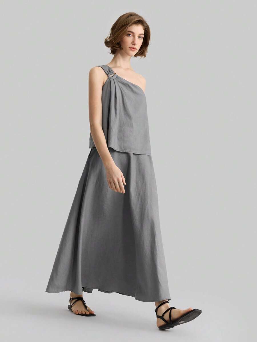 Ontre Bộ 2 món: Áo một vai màu trơn đi làm thường ngày cho nữ và chân váy, Series 2025 - Xám - Xem 1