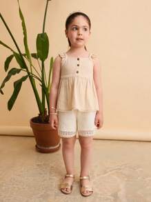 Ontre Young Girl Loose Casual Solid Color Cap Sleeve Tank Top, Summer - Apricot - View 3