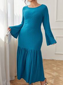 Modelyn Abito donna in jacquard lavorato a maglia, collo tondo, maniche a svasare, orlo con inserto, tinta unita