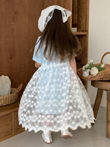 DAZY 2pcs/Set Young Girl Round Neck Casual Solid Color Short Sleeve T-Shirt And Net Mesh Dress, Girls Summer Outfits - Blue - View 2