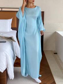 DAZY Bộ đồ ngủ dài tay vải bóng trơn cho nữ - màu xanh lá - Xem 4