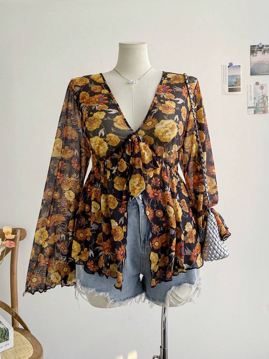 Soleia 大码女式复古花卉印花 V 领长袖裹身衬衫，针织网眼上衣，适合秋冬季外套 - 彩色 - 查看 1