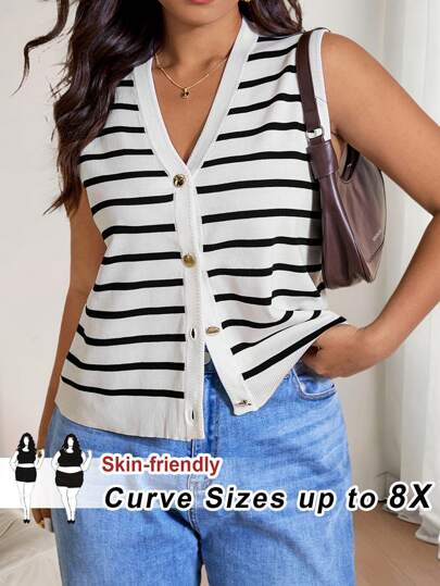 SHEIN CURVE+ CURVE Plus Size Women Striped Single-Breasted Casual Knitted Vest, Curve Plus, Boho Vacation In Fall/Winter