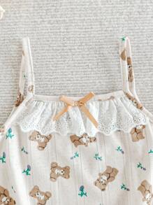 Young Girl' Minimalist Fresh Apricot Ditsy Floral & Bear Pattern Collar Contrast Lace Ruffle Bow Decor Camisole Casual Undershirt Young Girl Summer Outfits Young Girls Clothing Summer Tops Little Girl Summer Tops Toddler Summer Girl Clothes