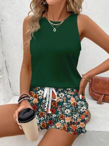 SHEIN LUNE 2pcs/Set Women Casual Contrast Ditsy Floral Sleeveless Round Neck Camisole And Short Sleeve Blouse Top, Suitable For Summer Island Vacation Outfits - Multicolor - View 5