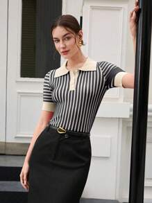 BizChic 2025 夏季新款黑白条纹 Polo 领短袖女式针织毛衣上衣，商务休闲日常通勤优雅度假，适合婚礼嘉宾、乡村音乐节、早午餐、机场时尚、90 年代复古斯德哥尔摩风格、美国独立日 - 彩色 - 查看 5