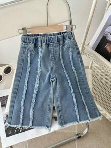 SHEIN LMoss Kids 女宝宝水洗浅蓝色阔腿牛仔裤，春夏休闲度假风 - 淺色水洗藍 - 查看 4