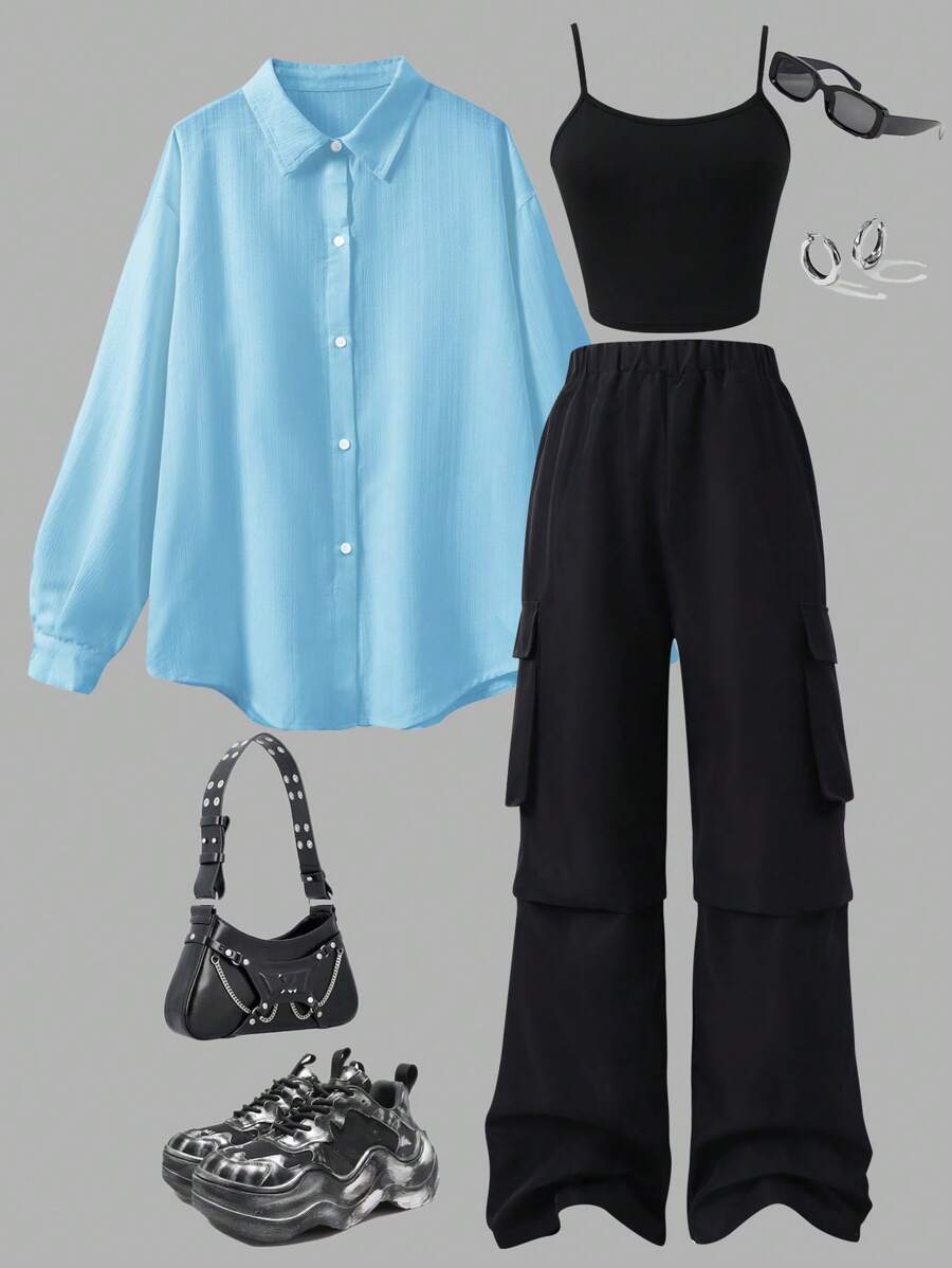 Teen Girls' Solid Color Long Sleeve Button-Up Shirt, Cami Tank Top And Cargo Pants Casual 3-Piece Set