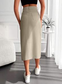 EURMUSE High Waist Split Thigh Denim Skirt - Beige - View 2