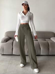 EURMUSE Women'S Elastic Waist Solid Color Casual Pants - Green - View 4