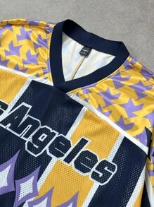 Manfinity EMRG Men's Casual Contrast Color Letter Print Short Sleeve T-Shirt, Summer Los Angeles T Shirt Sports Jersey - Purple - View 4