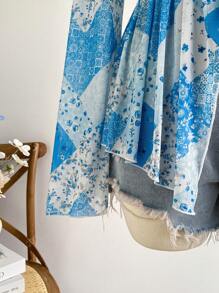 Soleia Damen große Größen Retro Blume Muster Patchwork Strick Mesh Offene Front Knotenaille Glockenärmel Top