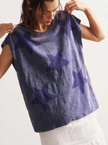 Bohemela Áo thun dệt kim cổ tròn in hình ngôi sao phong cách thường ngày theo phong cách Boho Country Vacation dành cho nữ - Màu xanh lam - Xem 5