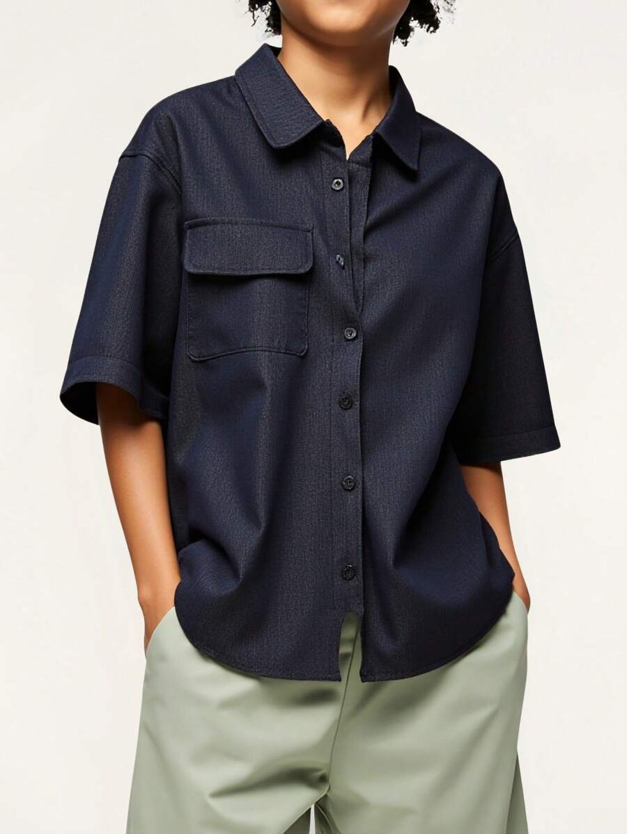 SHEIN 青少年男童夏季休闲纯色短袖衬衫 - 藍色 - 查看 1