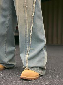 AXEPEAK Jeans anchos con estilo desgastado y parches hombres, con ajuste recto y holgado, estilo callejero