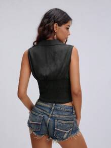 SHEIN Unity Sleeveless Striped Shirt, Solid Color, Fashion For Summer - Black - View 2