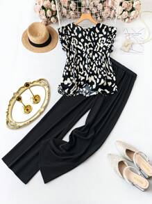 SHEIN LUNE 2pcs/Set Plus Size Casual Leopard Print Top And Pants Set - Black - View 2