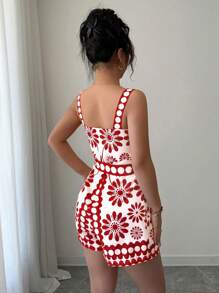 Selianne Áo ba lỗ in họa tiết hoa kỹ thuật số Dopamine màu cam & bộ đồ liền quần ống rộng cho nữ, thời trang & đa năng, trang phục đi nghỉ - Màu Đỏ Sâu - Xem 2