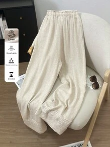 SHEIN LUNE Pantalones fluidos de trabajo de lino para mujer, pantalones de verano de tela de lino color albaricoque con inserto de encaje con volantes, cintura elástica, pantalones sueltos para mujer, pantalones de lino estilo "Old Money" europeo para el verano en el aeropuerto - Albaricoque - Ver 3