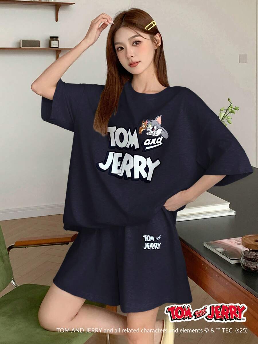 TOM AND JERRY X DAZY 休閒寬鬆字母印花短袖T恤與短褲睡衣套裝 夏季 - 藏蓝色 - 查看 1