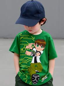 BEN 10 X SHEIN Young Boy Figure And Letter Graphic Crew Neck Short Sleeve T-Shirt, Summer - White - View 1