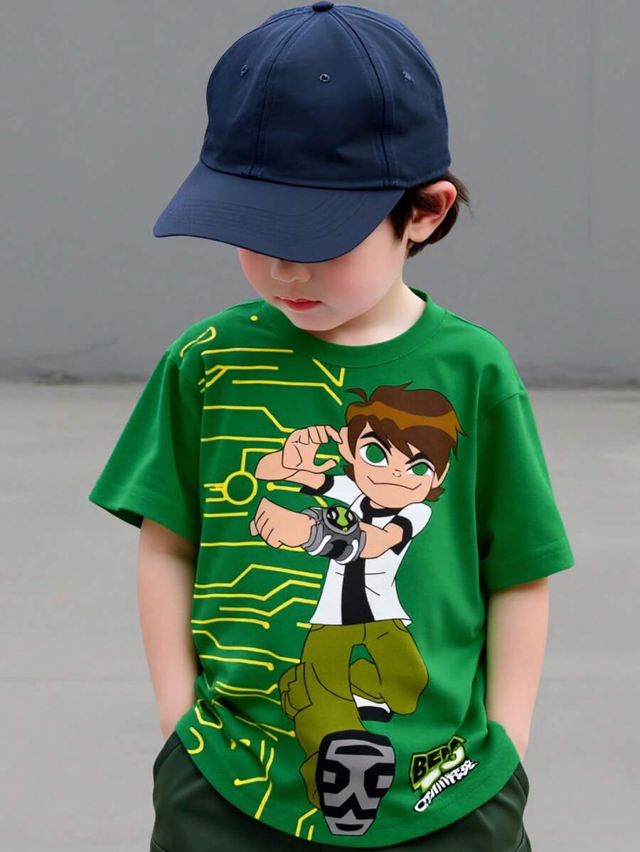 BEN 10 X SHEIN Young Boy Figure And Letter Graphic Crew Neck Short Sleeve T-Shirt, Summer - White - View 1