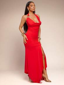 Vixey Draped Cowl Neck Asymmetrical Hem Halter Neck Midi Dress, Wedding Guest Dress Women