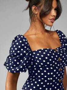 MISSGUIDED LINEN POLKA DOT TAILORED PUFF SLEEVE TOP