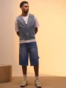 Musero 无袖牛仔拉链夹克夏季街头风格度假休闲 - 淺色水洗藍 - 查看 4