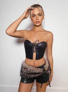 SHEIN ICON Women Stylish Low-Rise PU Leather Patchwork Faux Fur Shorts,Low Rise Shorts - Black - View 6