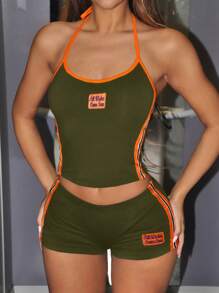 SHEIN ICON Women's Y2k Summer Outfits Sports Color Block Bikercore Letter Embroidery Sleeveless Top And Low Waist Shorts Set - Army Green - View 6