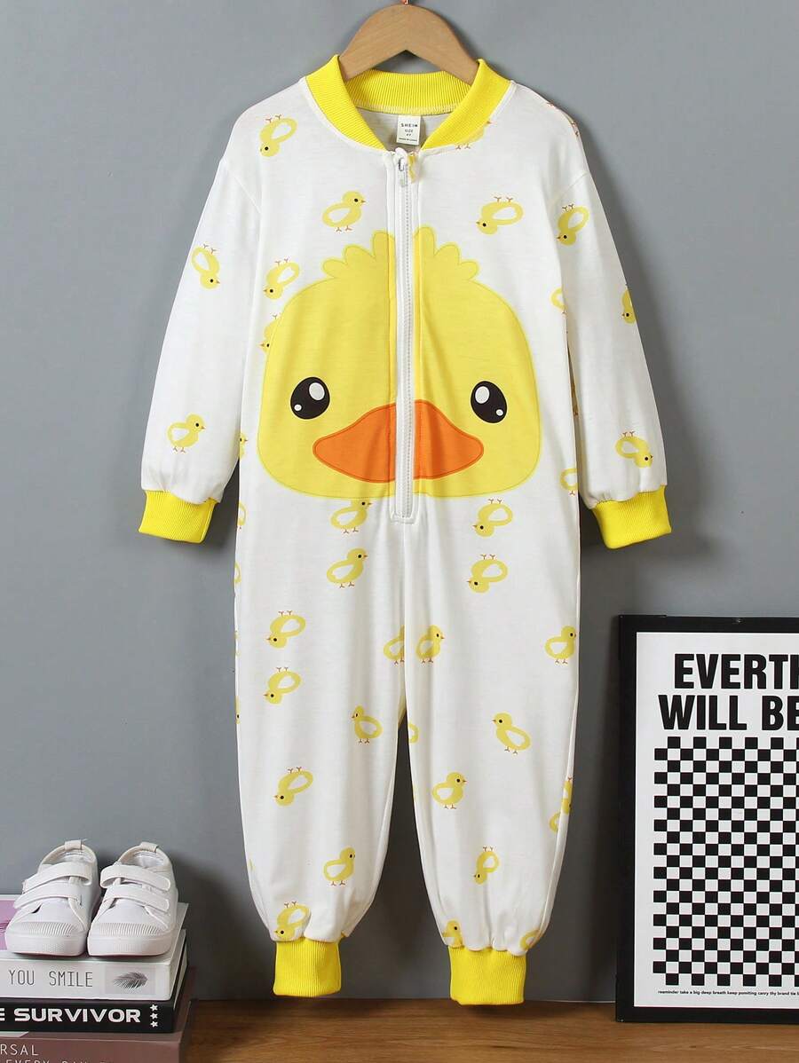 SHEIN Young Boy Cute Plush Romper With Front Zipper And Yellow Duck Decor, Suitable For 4-7 Years Old Boys To Wear In Autumn, Spring And Winter Seasons. This Romper Can Be Worn Casually As Well As For Costume Play - Multicolor - View 1