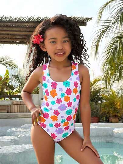 SHEIN Young Girl Floral Print Halter Neck Swimsuit, Sweet & Casual For Spring/Summer
