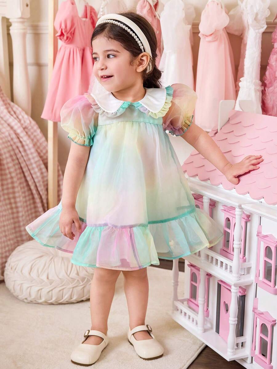 Vestido de verano elegante para niña con cuello de volantes, mangas abullonadas y ribete de volantes de organza verde - Verde - Ver 1