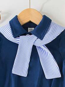 Baby Girls' Short-Sleeved Dress,Navy Blue And White Striped Shawl Design,Lapel Collar POLO Style,Summer,Cute,Back-To-School Casual Outfits - Multicolor - View 5