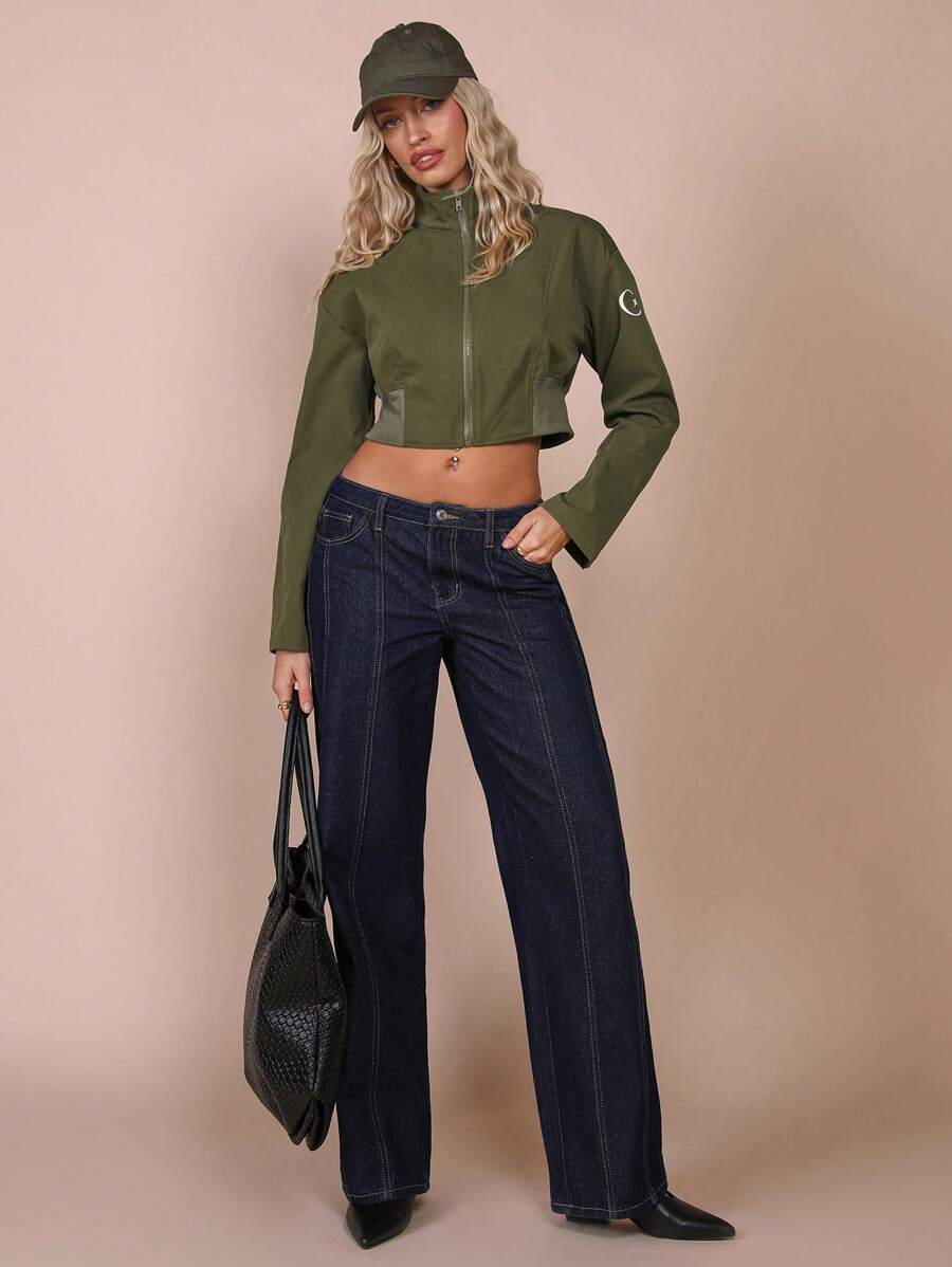 COSMINA 女式前拉链长袖图案细节简约休闲短夹克 - 棕色 - 查看 1