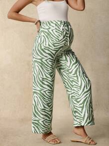 SHEIN Stylish Zebra Print Maternity Pants: Comfortable Woven Fabric, Drawstring Waist, And Long Length For Casual Everyday Wear