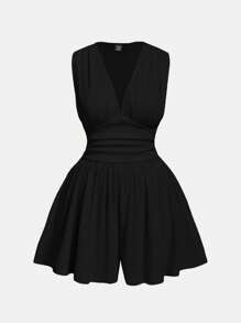 SHEIN MOD Combinaison noire ample à col en V et taille marquée avec jambe large pour grande taille